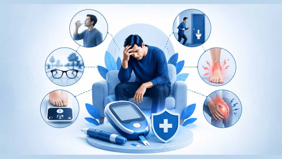 The warning signs of diabetes, around a man with a blood glucose meter