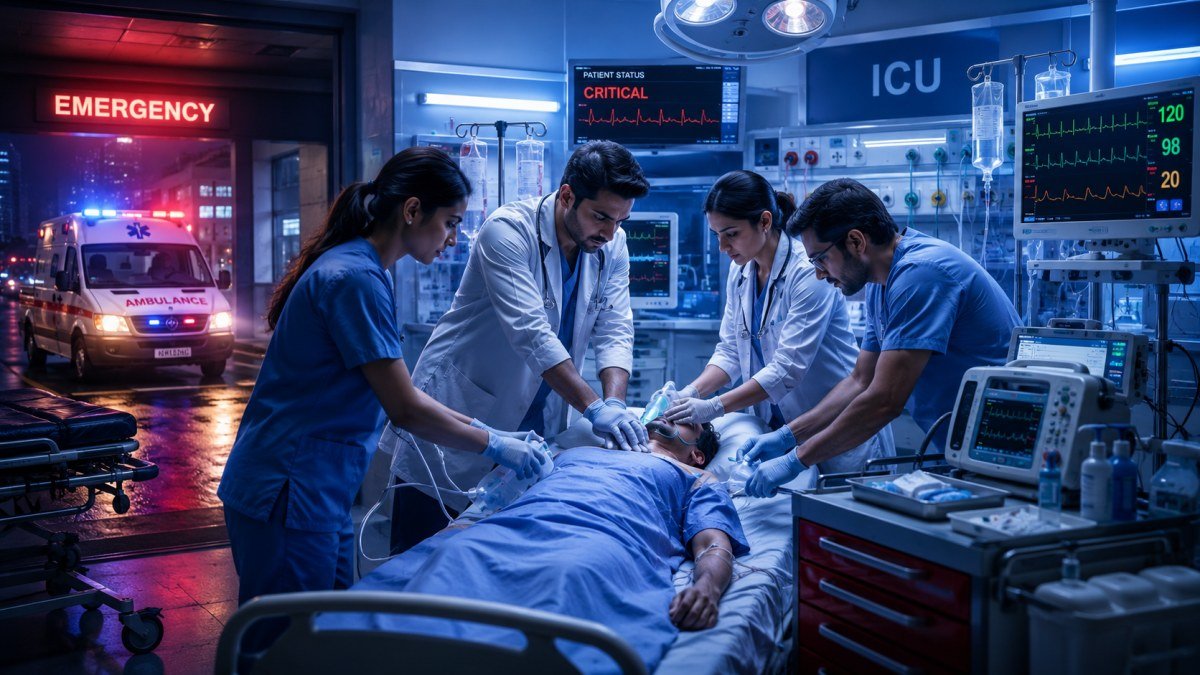 Doctors and nurses treating a patient in the emergency room, with an ambulance arriving outside