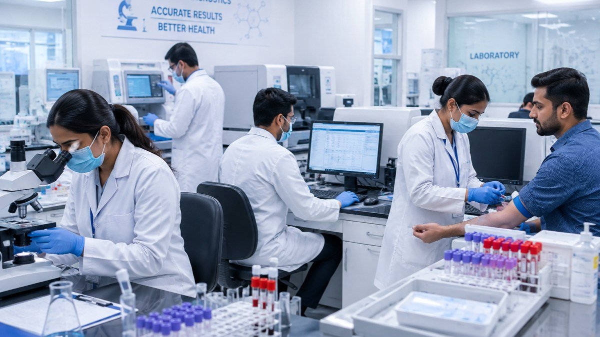 Technicians at work in the hospital laboratory